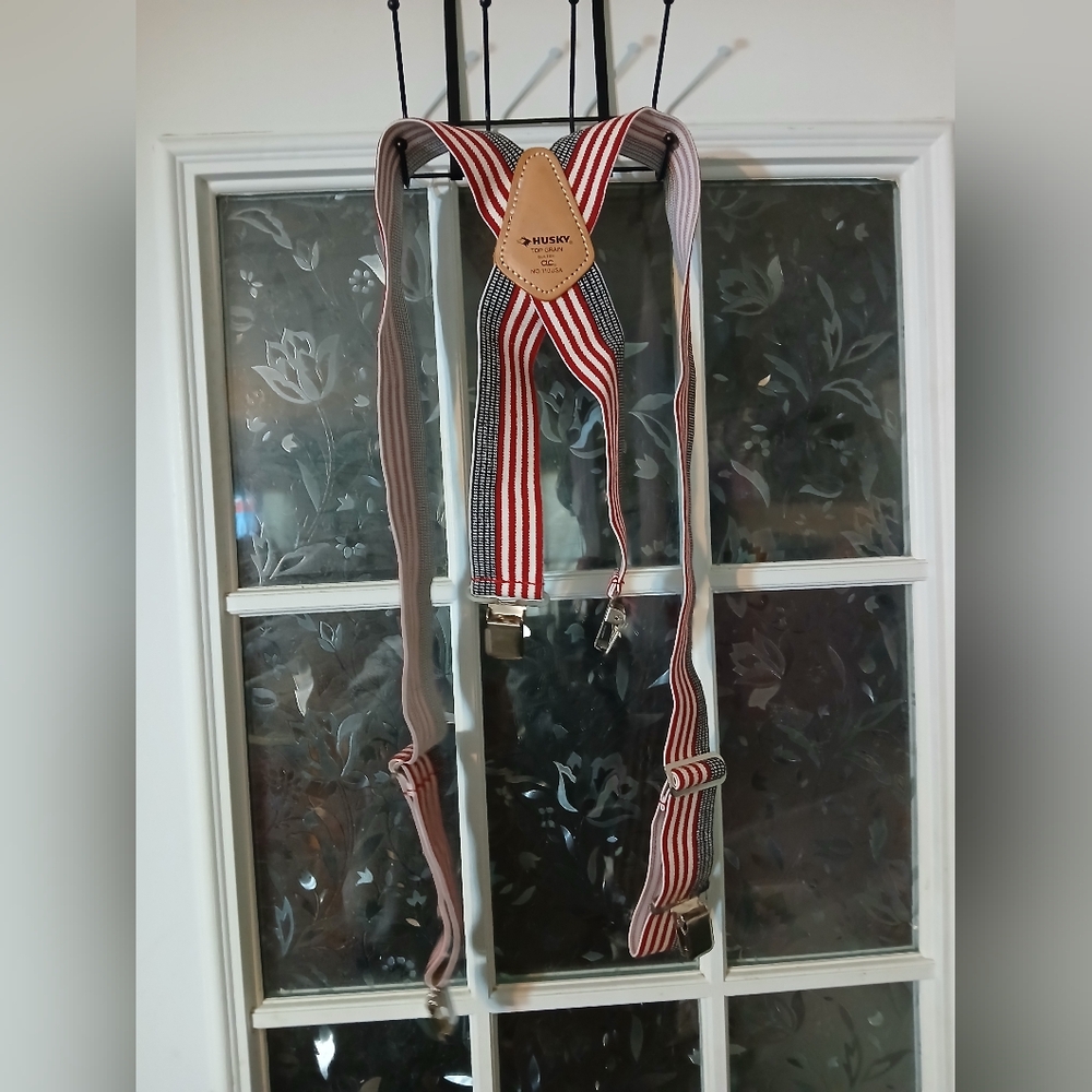 Men's Husky Elastic Work Suspenders 2" wide Red White Blue Top Grain USA Euc